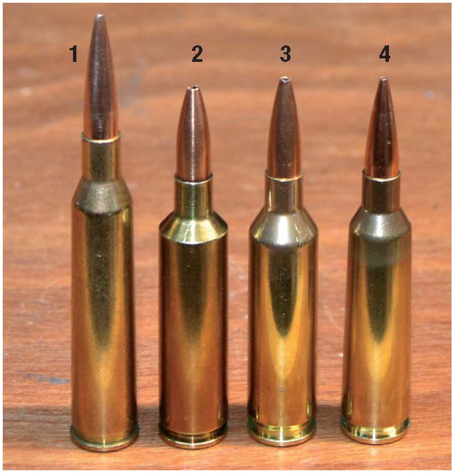 The gross water capacity of the 220 Swift and 22 Creedmoor are virtually the same with both being a bit less capacious than the 22-250 Improved and a bit more than the 22-250. Shown are: (1) 220 Swift, (2) 22-250 Improved, (3) 22 Creedmoor and (4) 22-250.